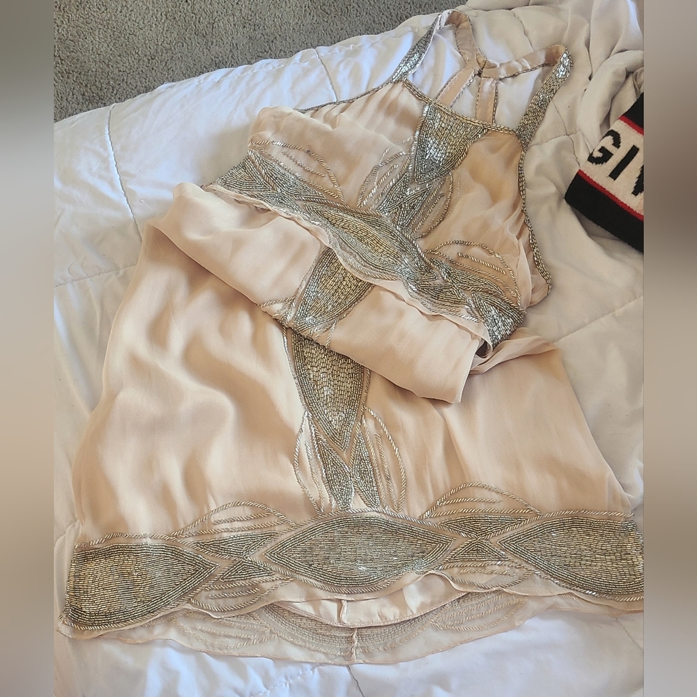 Parker Black Silver Beaded Lace Racerback Tank Cocktail Party Dress Sz 12 Lg